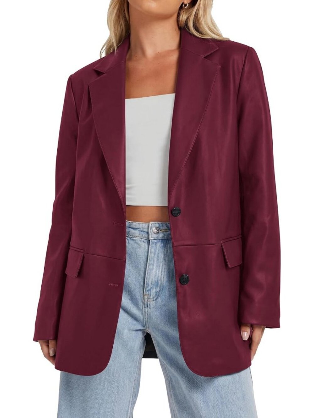 Chic Faux Leather Blazer for Women | Loose Fit Casual Jacket with Flap Pockets